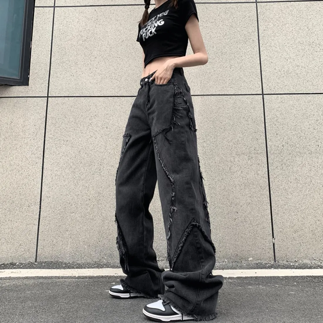 Harajuku Y2K Kawaii Gothic Fashion Casual Loose Straight Wide Leg Vintage Sanded Star Trim Black Jeans Pants