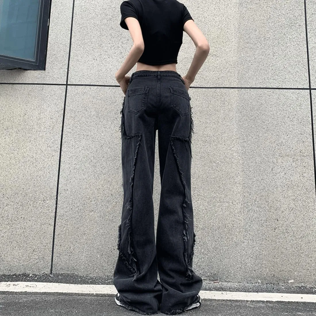 Harajuku Y2K Kawaii Gothic Fashion Casual Loose Straight Wide Leg Vintage Sanded Star Trim Black Jeans Pants
