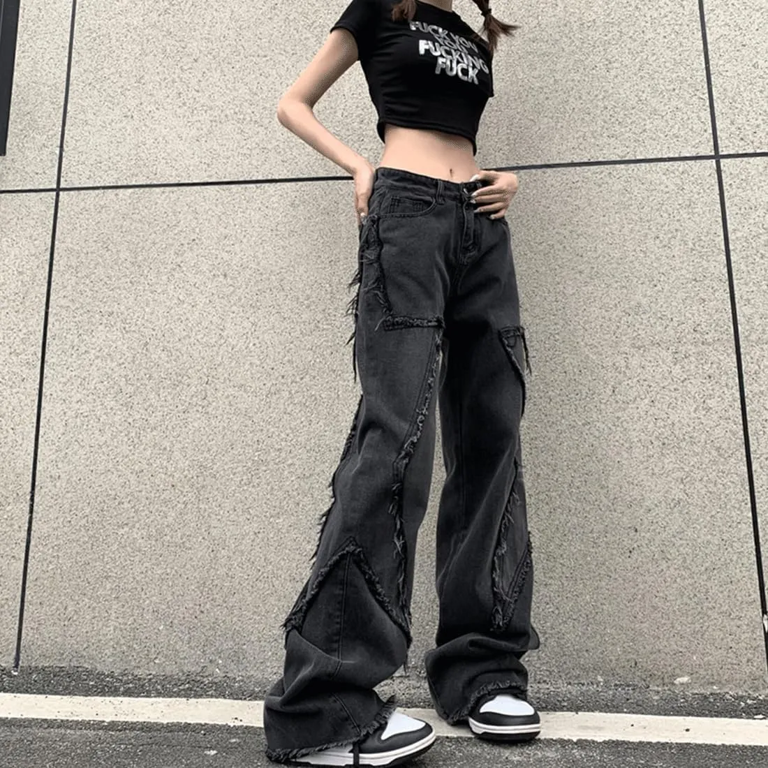 Harajuku Y2K Kawaii Gothic Fashion Casual Loose Straight Wide Leg Vintage Sanded Star Trim Black Jeans Pants