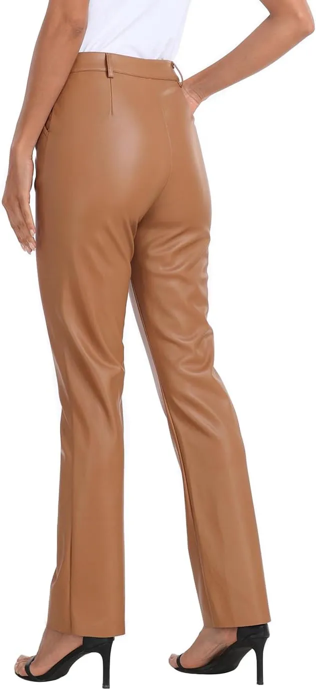 HDE Women's Faux Leather Pants High Waisted Straight Leg Trousers with Pockets