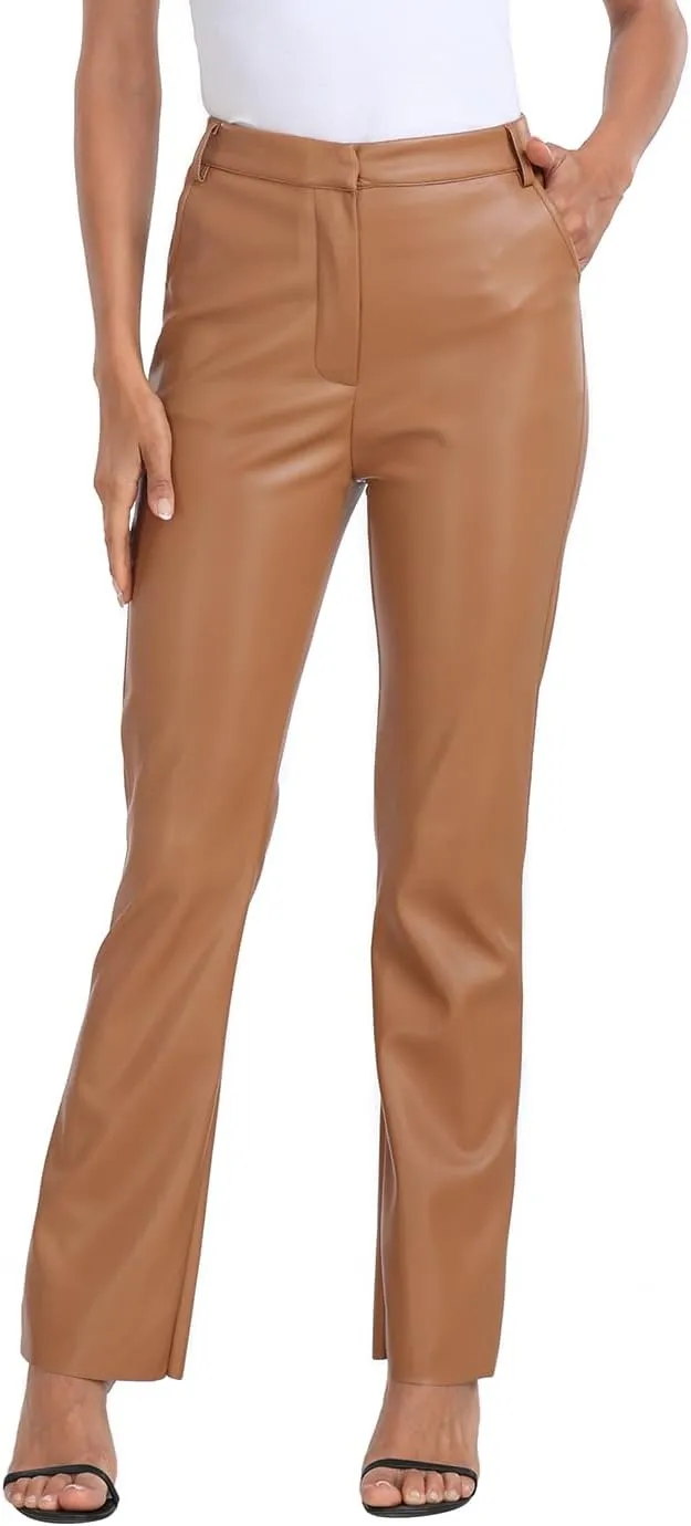 HDE Women's Faux Leather Pants High Waisted Straight Leg Trousers with Pockets