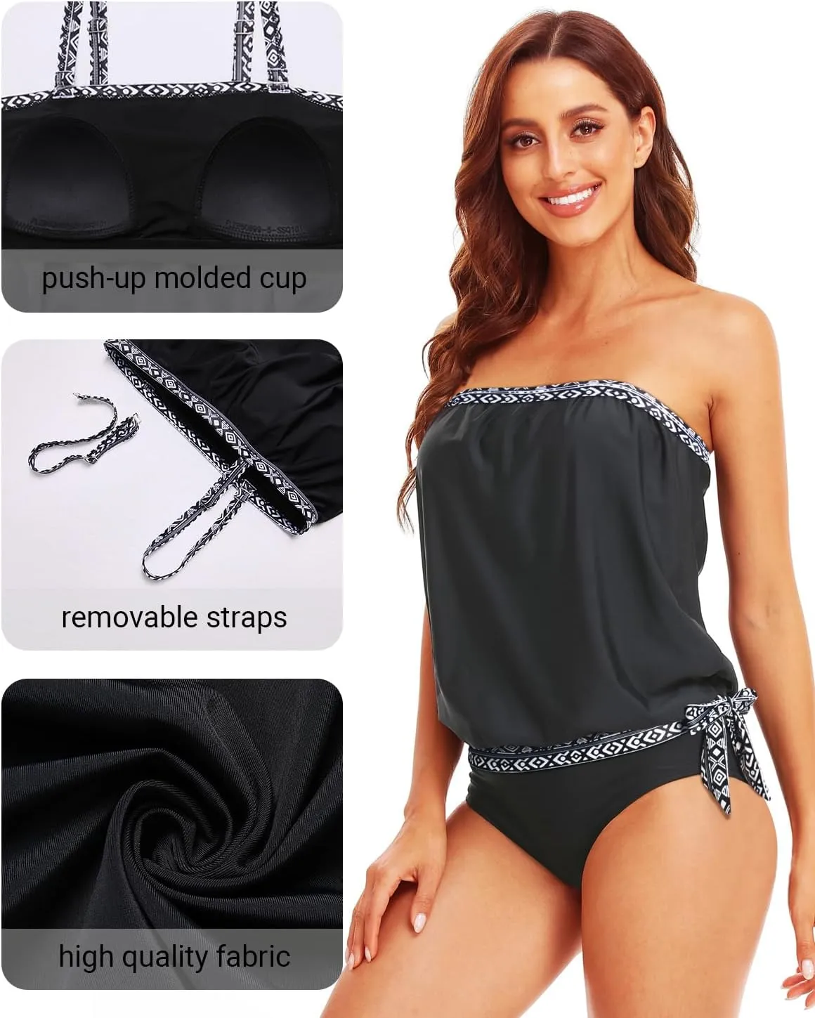 Holipick Two Piece Bathing Suit Strapless Tankini Swimsuits for Women Bandeau Swimsuits Blouson Tankini Tops with Bottom
