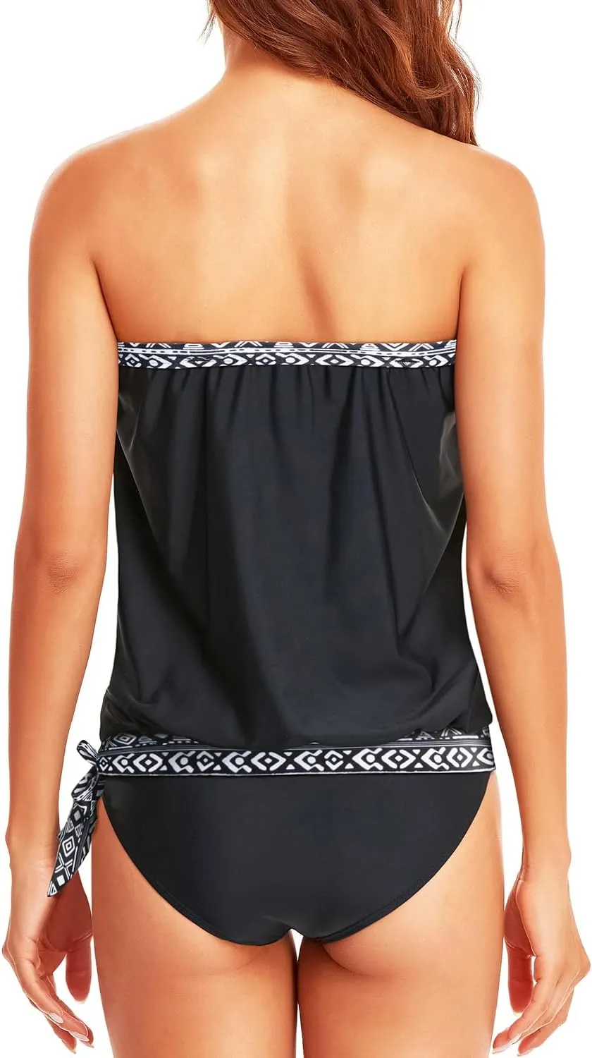 Holipick Two Piece Bathing Suit Strapless Tankini Swimsuits for Women Bandeau Swimsuits Blouson Tankini Tops with Bottom