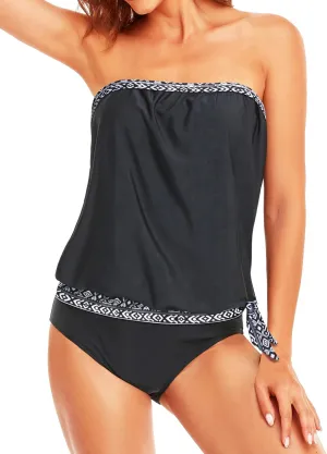 Holipick Two Piece Bathing Suit Strapless Tankini Swimsuits for Women Bandeau Swimsuits Blouson Tankini Tops with Bottom
