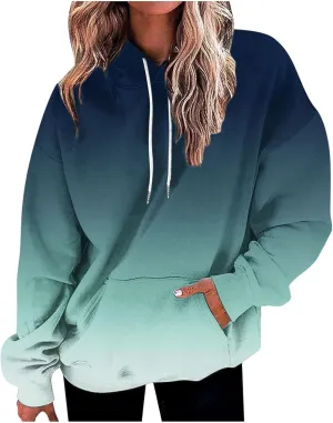 Hoodies For Womens Gradient Print Oversized Sweatshirt Drawstring Pullover With Pocket Trendy Cute Tops for Women Summer
