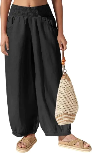 Hooever Women's Cotton Linen Pants Summer High Waisted Wide Leg Palazzo Pant Flowy Beach Trousers