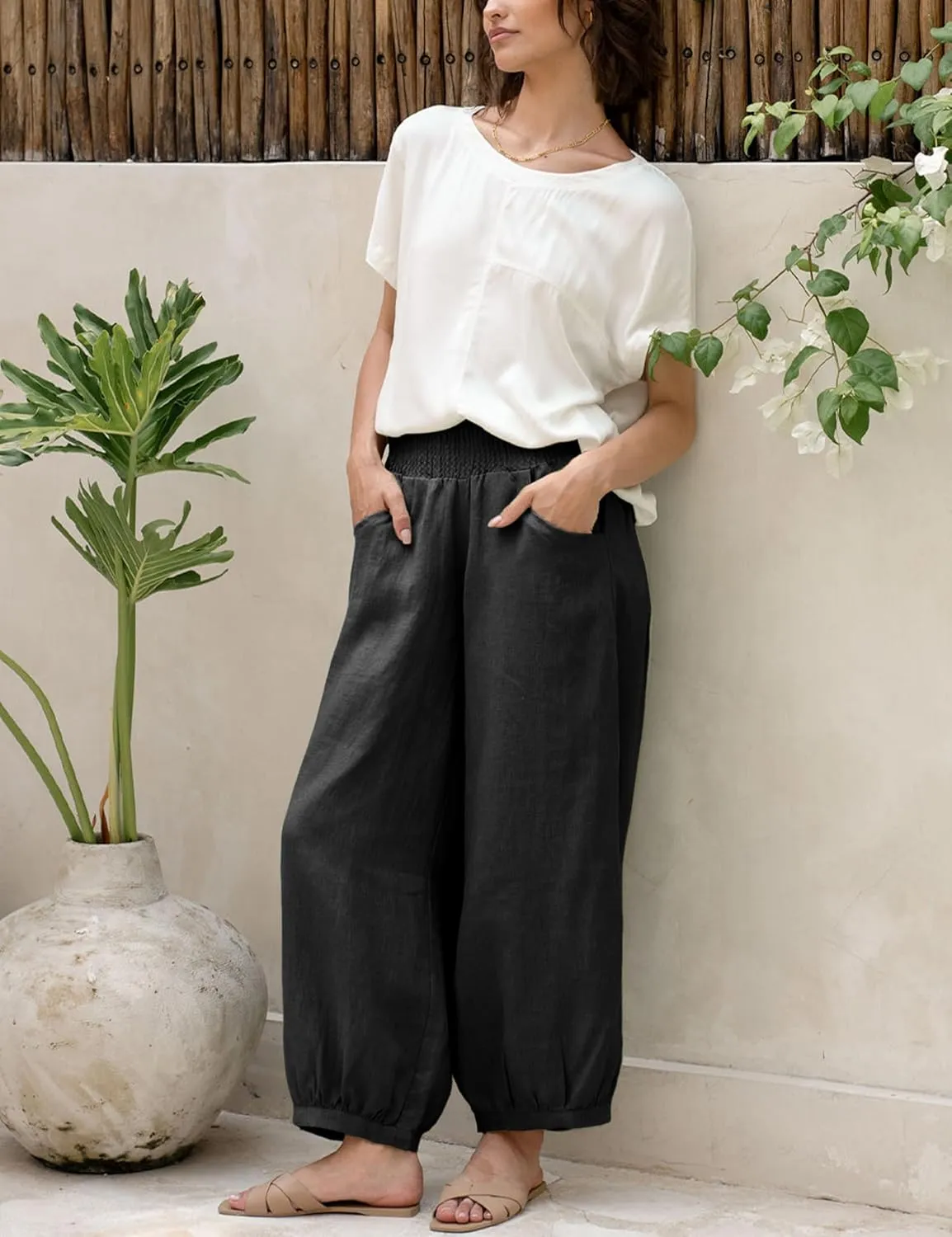 Hooever Women's Cotton Linen Pants Summer High Waisted Wide Leg Palazzo Pant Flowy Beach Trousers