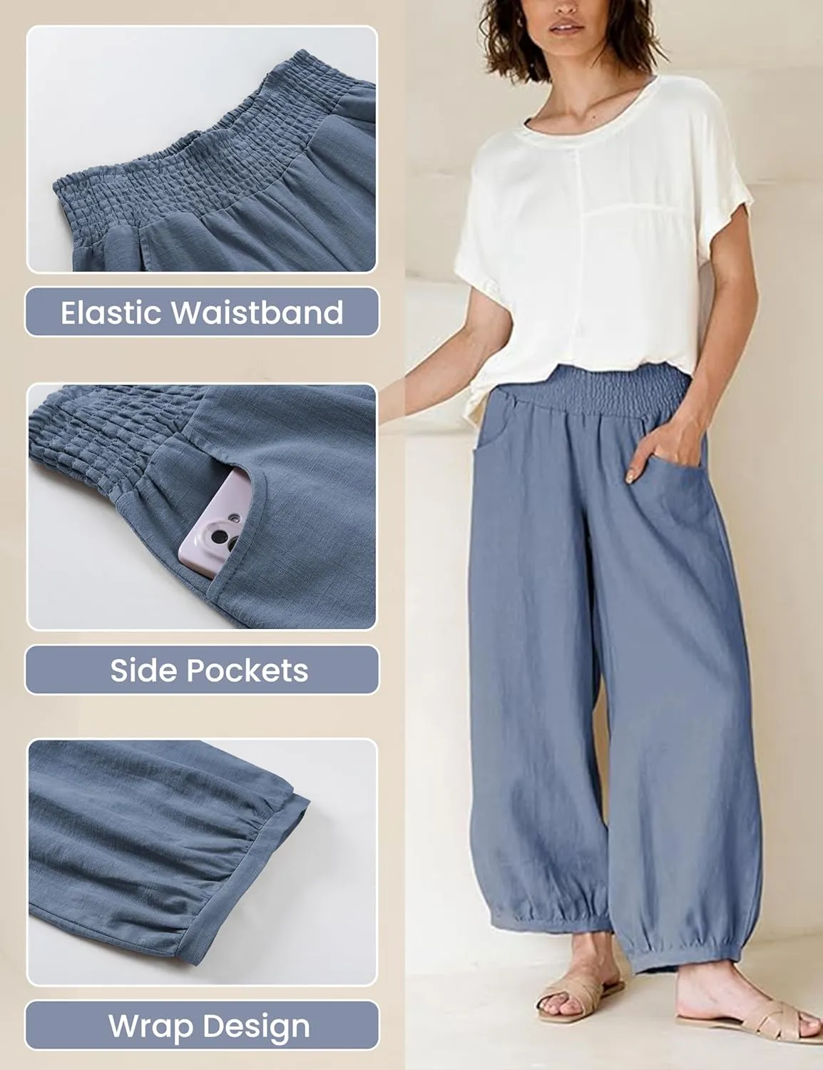 Hooever Women's Cotton Linen Pants Summer High Waisted Wide Leg Palazzo Pant Flowy Beach Trousers