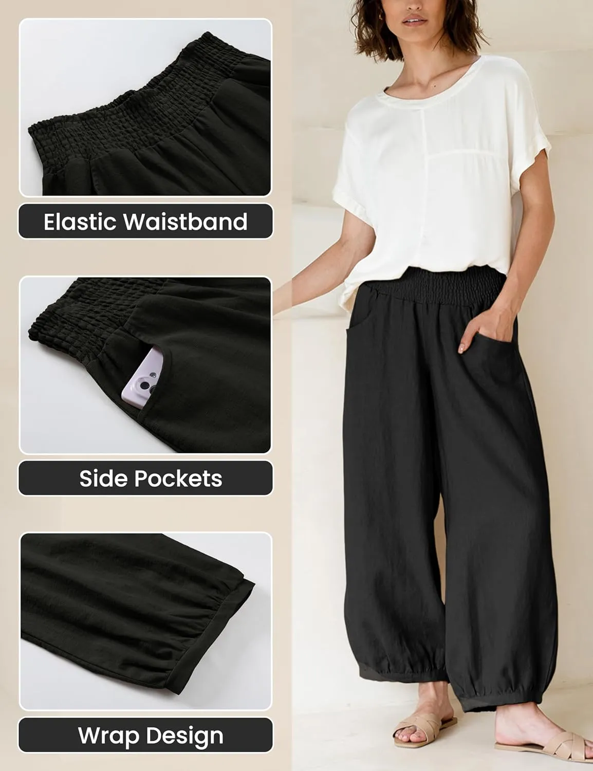 Hooever Women's Cotton Linen Pants Summer High Waisted Wide Leg Palazzo Pant Flowy Beach Trousers