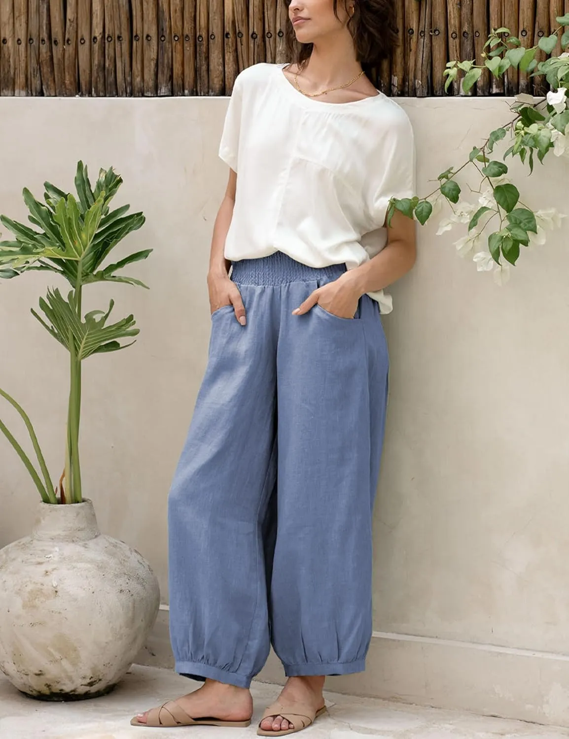 Hooever Women's Cotton Linen Pants Summer High Waisted Wide Leg Palazzo Pant Flowy Beach Trousers