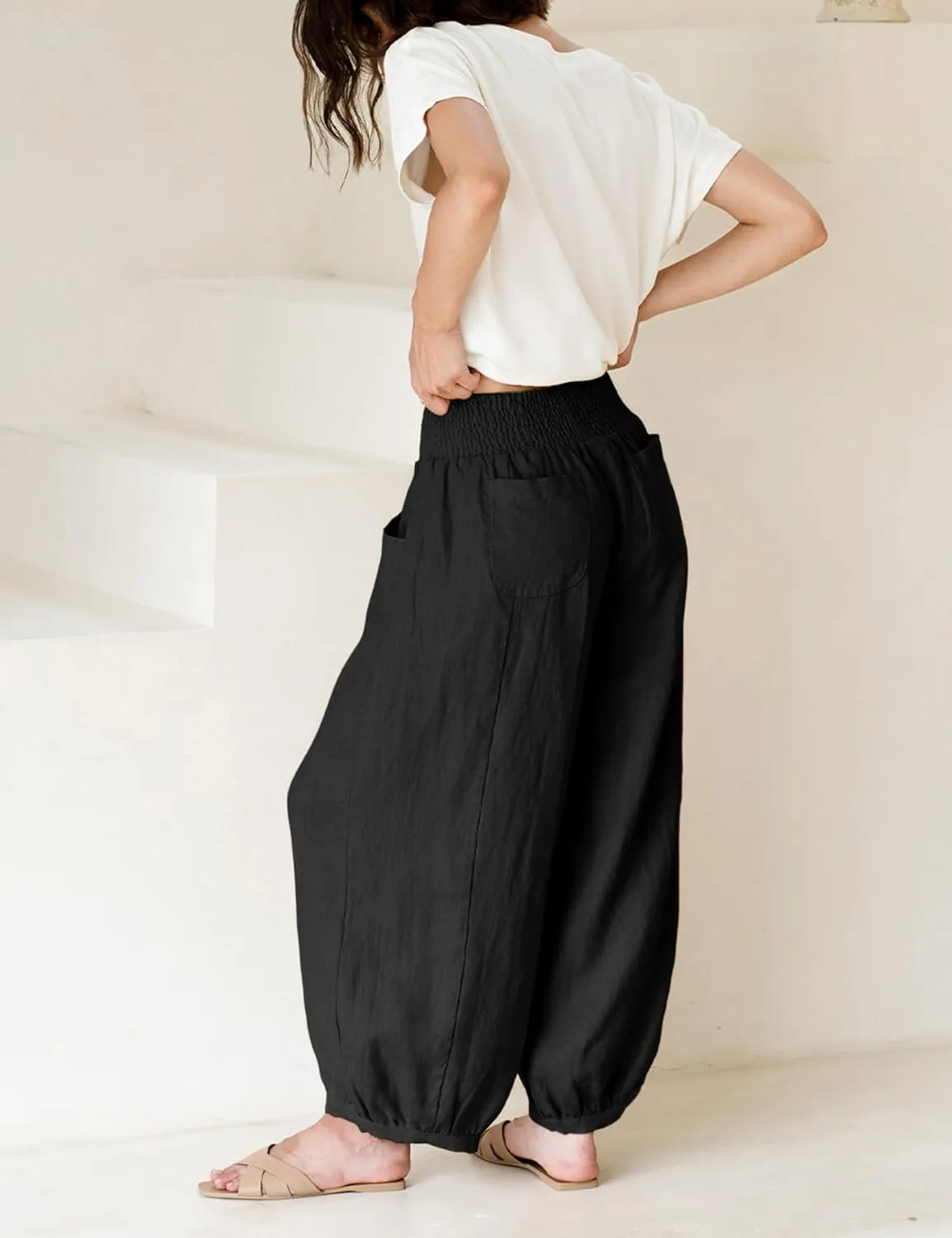 Hooever Women's Cotton Linen Pants Summer High Waisted Wide Leg Palazzo Pant Flowy Beach Trousers