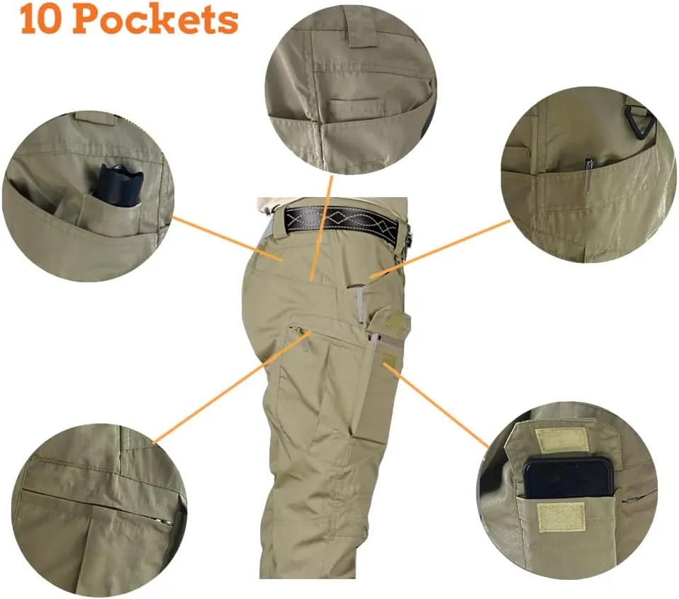 HYCOPROT Men's Hiking Pants Ripstop Water Repellent Lightweight Casual Cargo Pants Quick Dry Army 10 Pockets Work Trousers