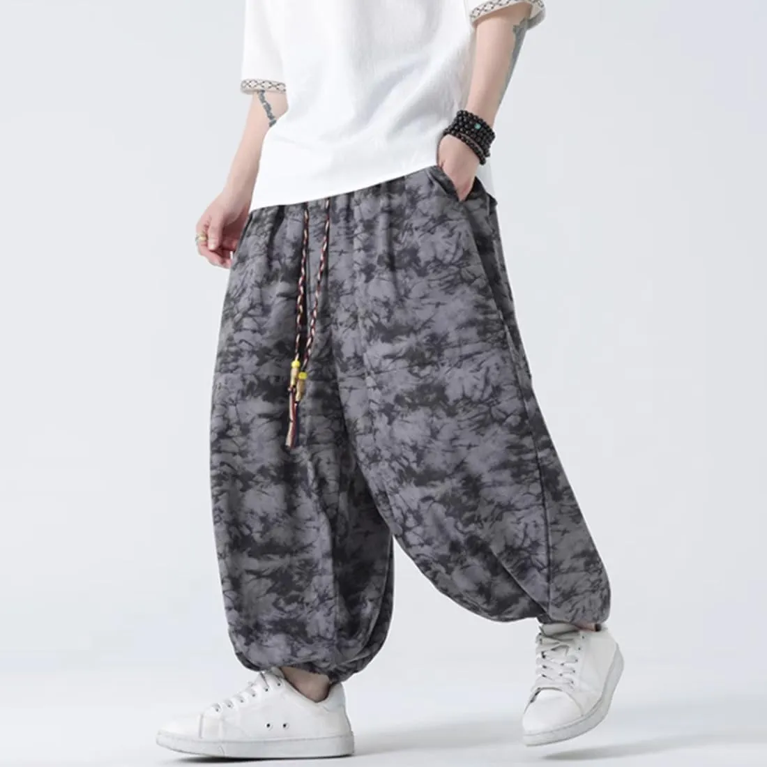HZCX FASHON Mens Chinese Style Tie Dry Wide Leg Baggy Harem Yoga Jogger Pants Loose Fit Aladdin Trousers