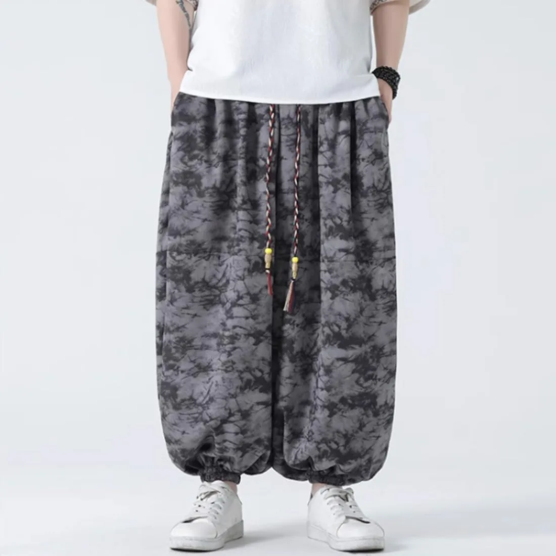 HZCX FASHON Mens Chinese Style Tie Dry Wide Leg Baggy Harem Yoga Jogger Pants Loose Fit Aladdin Trousers