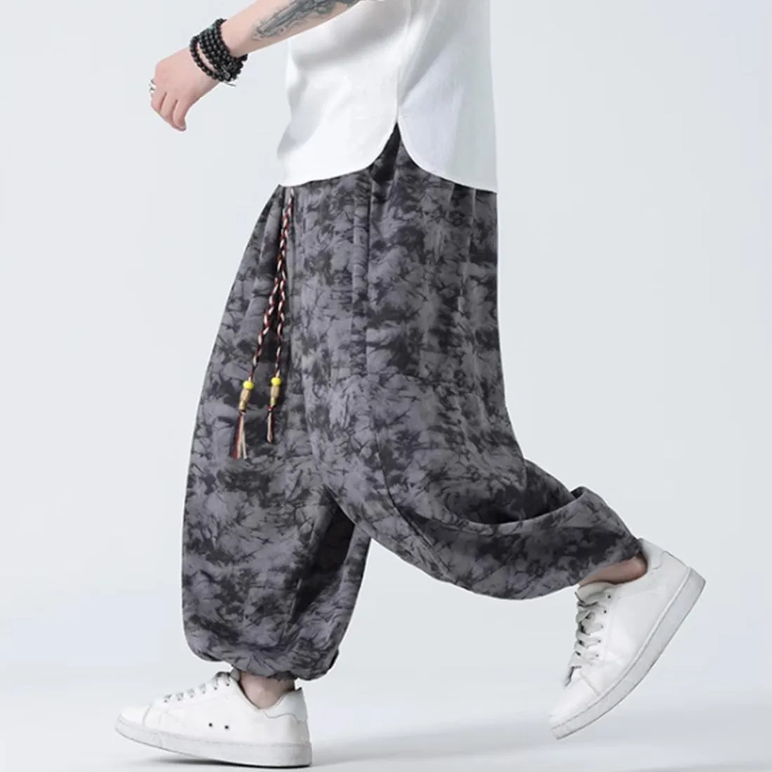 HZCX FASHON Mens Chinese Style Tie Dry Wide Leg Baggy Harem Yoga Jogger Pants Loose Fit Aladdin Trousers