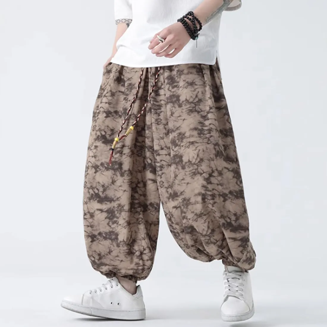 HZCX FASHON Mens Chinese Style Tie Dry Wide Leg Baggy Harem Yoga Jogger Pants Loose Fit Aladdin Trousers