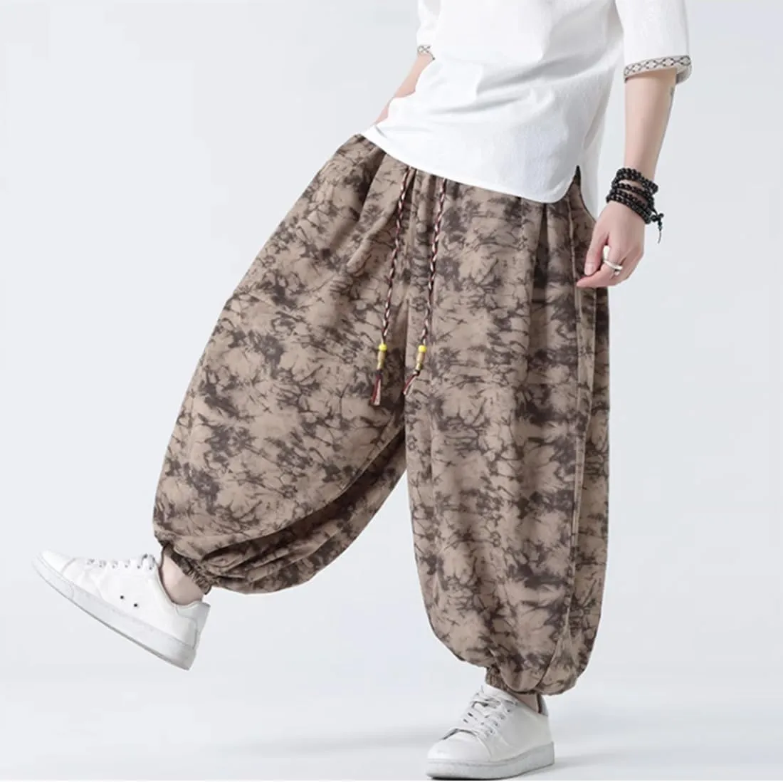 HZCX FASHON Mens Chinese Style Tie Dry Wide Leg Baggy Harem Yoga Jogger Pants Loose Fit Aladdin Trousers