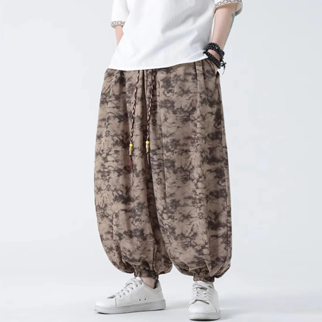 HZCX FASHON Mens Chinese Style Tie Dry Wide Leg Baggy Harem Yoga Jogger Pants Loose Fit Aladdin Trousers