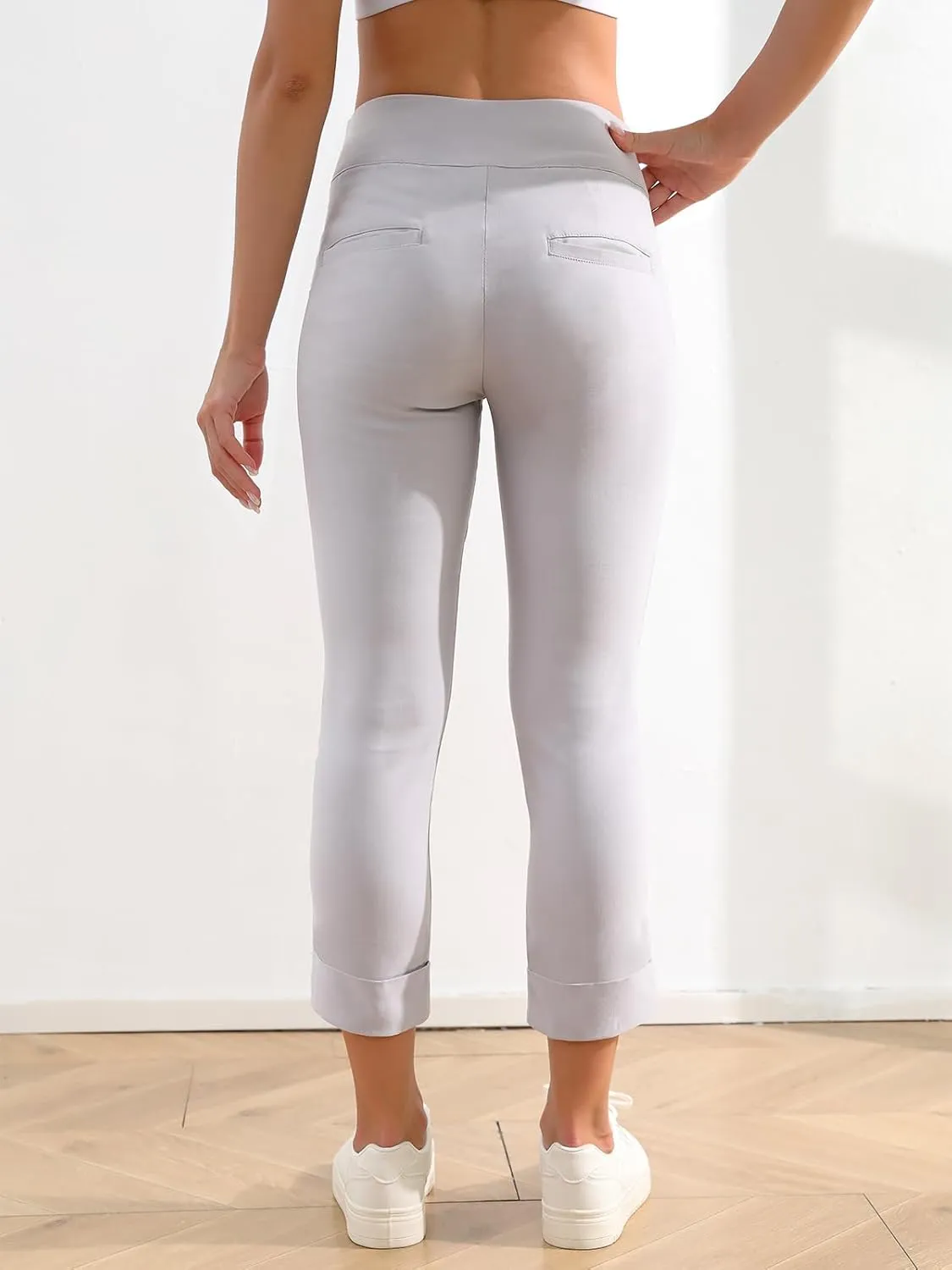 JAMfit Women's Pull-On Capri Pants Stretch High Waist Dressy Casual Cropped Pants with Pockets