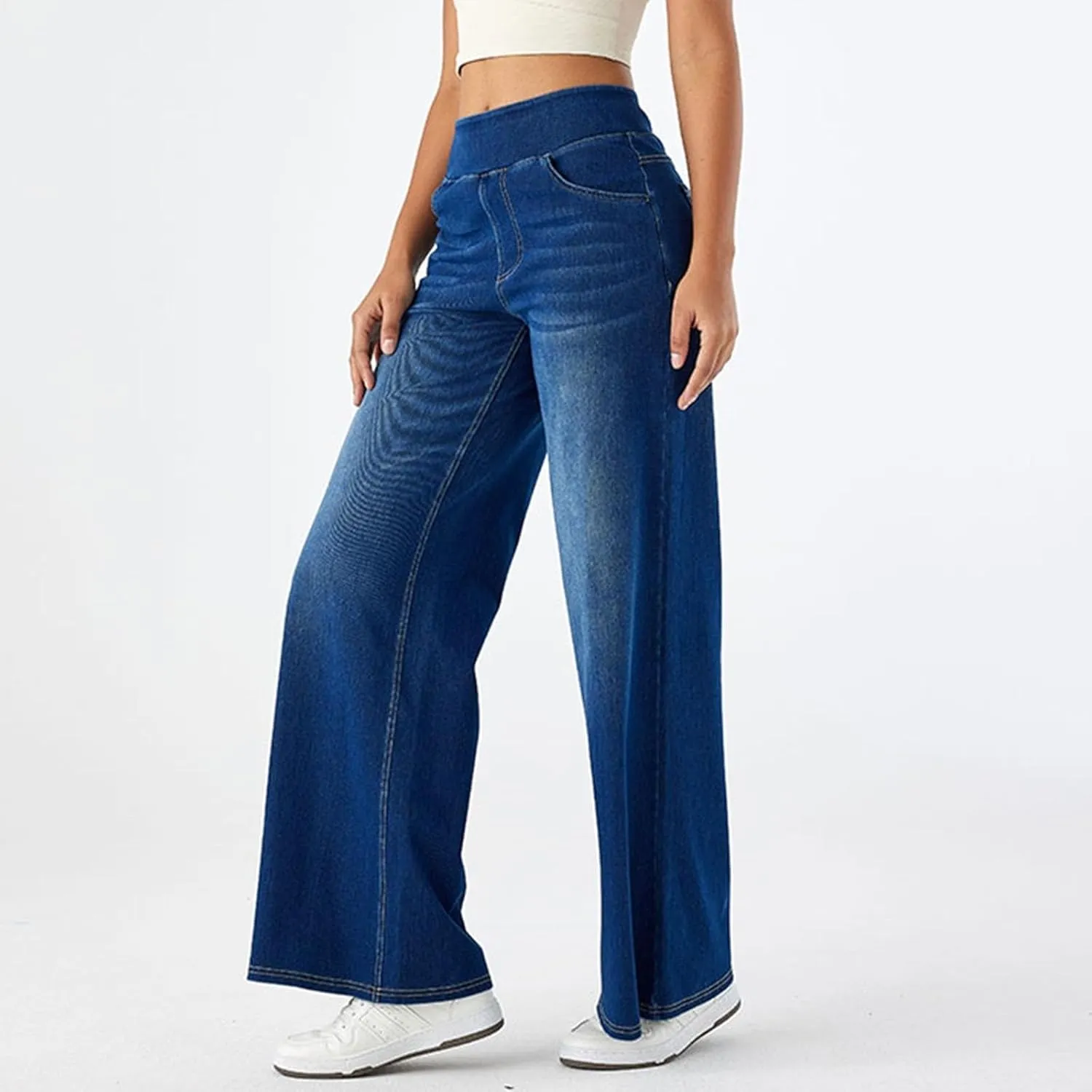 Jeans for Women 2025 New Pull On Wide Leg High Waist Stretchy Denim Pants Straight Tummy Control Loose Baggy Trendy Trousers
