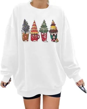 JINTING Oversized Christmas Sweatshirt Women Xmas Coffee Cups Pullover Christmas Tree Hoodie Funny Holiday Long Sleeve Tops