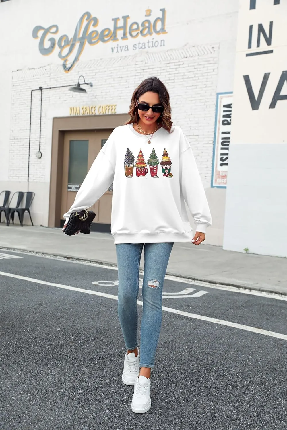 JINTING Oversized Christmas Sweatshirt Women Xmas Coffee Cups Pullover Christmas Tree Hoodie Funny Holiday Long Sleeve Tops