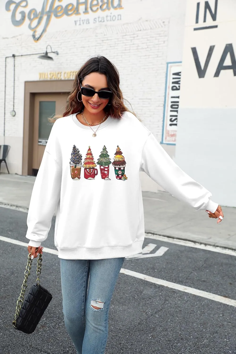 JINTING Oversized Christmas Sweatshirt Women Xmas Coffee Cups Pullover Christmas Tree Hoodie Funny Holiday Long Sleeve Tops