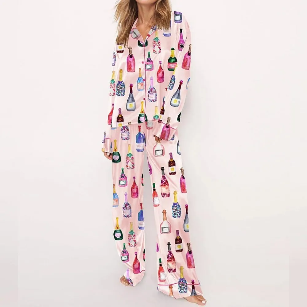 Juakoso Women Bottle Pajamas 2 Piece Set Champagne Wine Glasses Long Sleeve Button down Shirt Pants Sets Loungewear