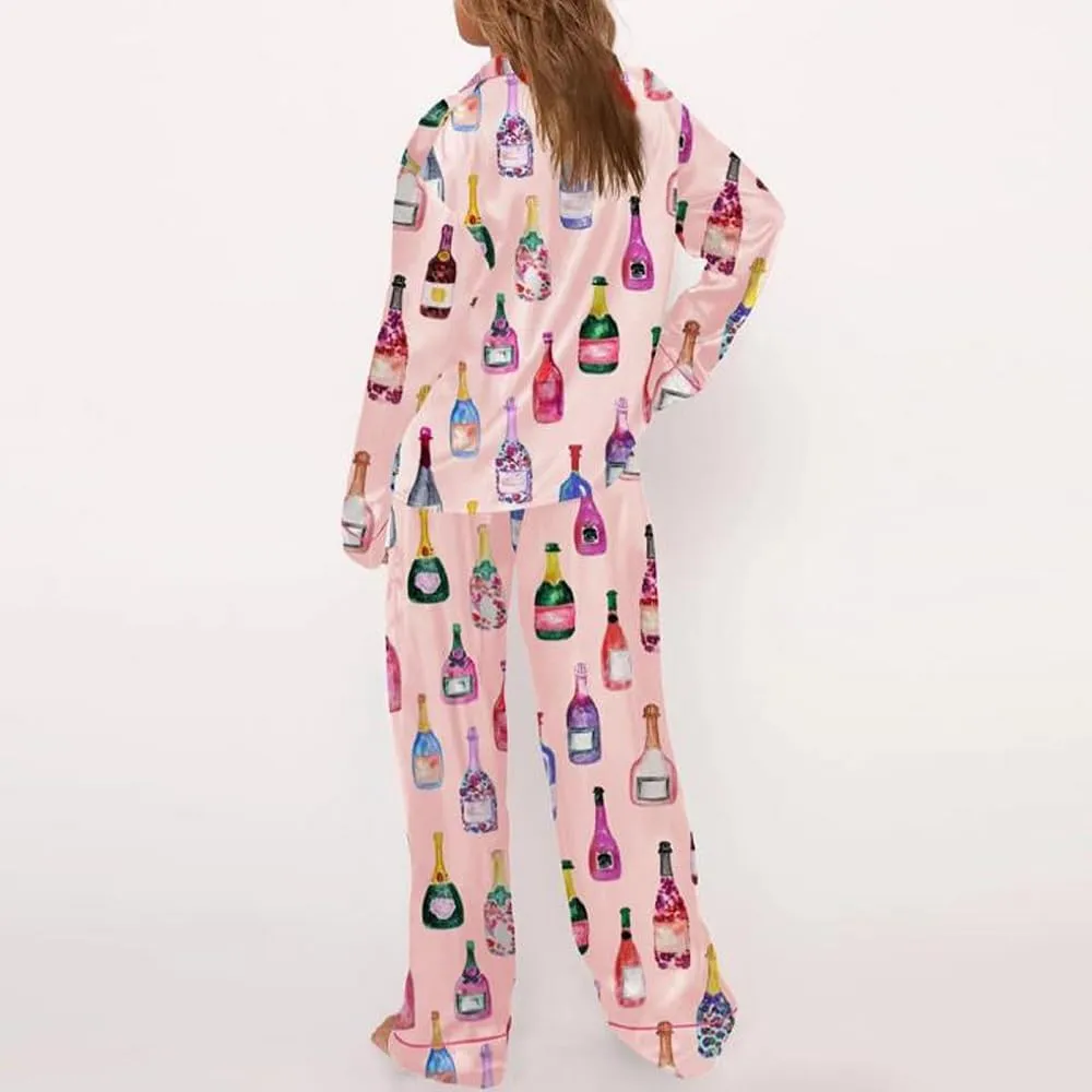 Juakoso Women Bottle Pajamas 2 Piece Set Champagne Wine Glasses Long Sleeve Button down Shirt Pants Sets Loungewear