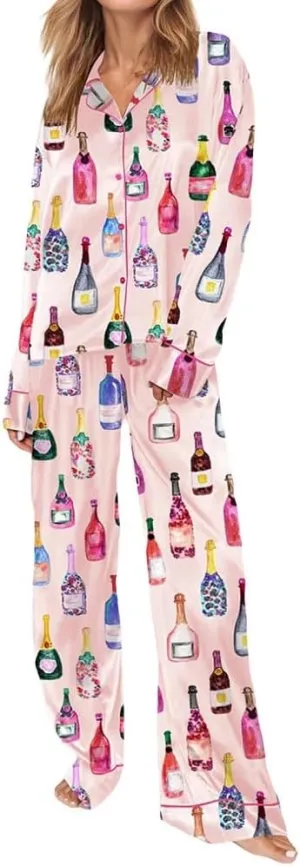Juakoso Women Bottle Pajamas 2 Piece Set Champagne Wine Glasses Long Sleeve Button down Shirt Pants Sets Loungewear