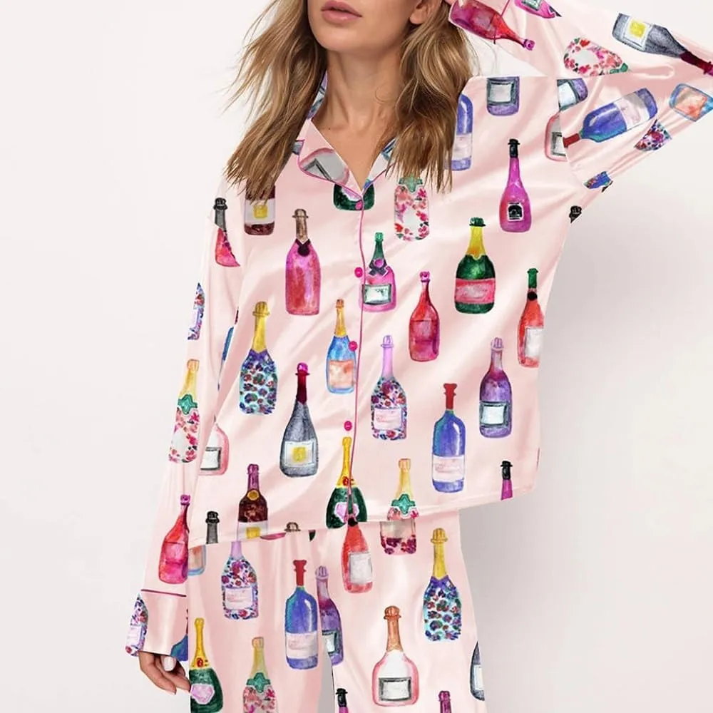 Juakoso Women Bottle Pajamas 2 Piece Set Champagne Wine Glasses Long Sleeve Button down Shirt Pants Sets Loungewear