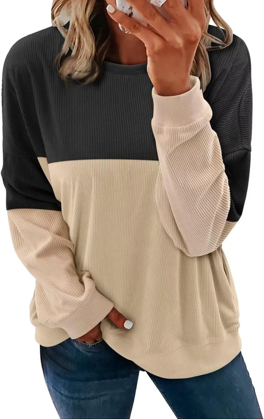 KISSMODA Women's Casual Long Sleeve Sweatshirt Color Block/Solid Crewneck Corduroy Pullover Cute Tops
