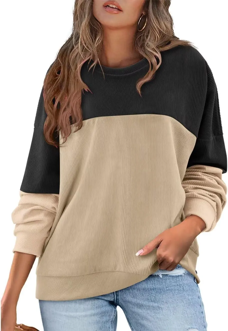 KISSMODA Women's Casual Long Sleeve Sweatshirt Color Block/Solid Crewneck Corduroy Pullover Cute Tops