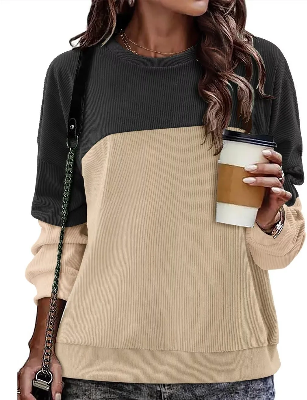 KISSMODA Women's Casual Long Sleeve Sweatshirt Color Block/Solid Crewneck Corduroy Pullover Cute Tops