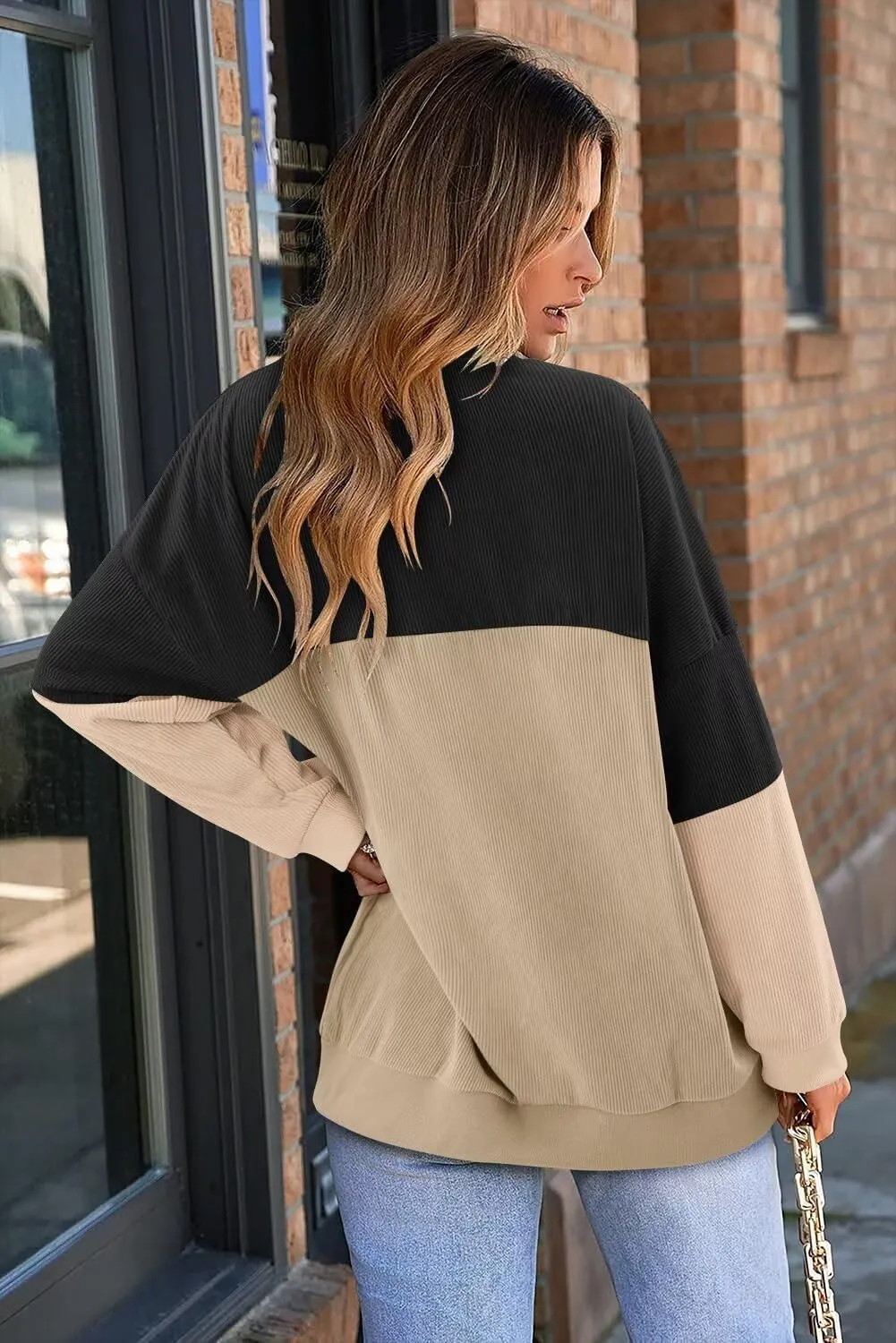 KISSMODA Women's Casual Long Sleeve Sweatshirt Color Block/Solid Crewneck Corduroy Pullover Cute Tops