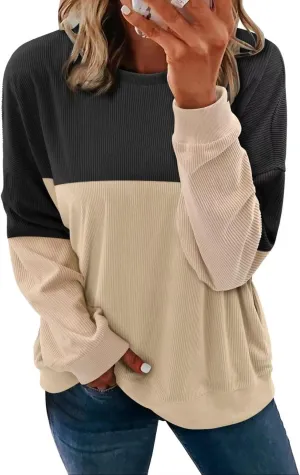 KISSMODA Women's Casual Long Sleeve Sweatshirt Color Block/Solid Crewneck Corduroy Pullover Cute Tops