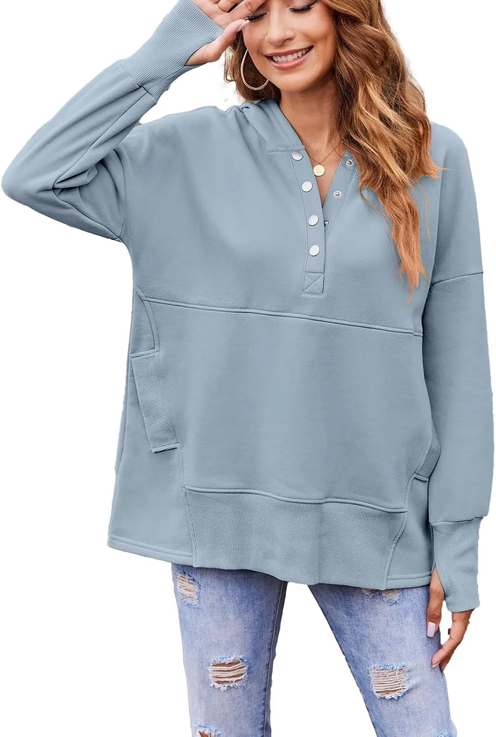 LaLaLa Women Button Down V Neck Hoodies Casual Long Sleeve Oversized Pullover Sweatshirt Hooded Tops with Pockets