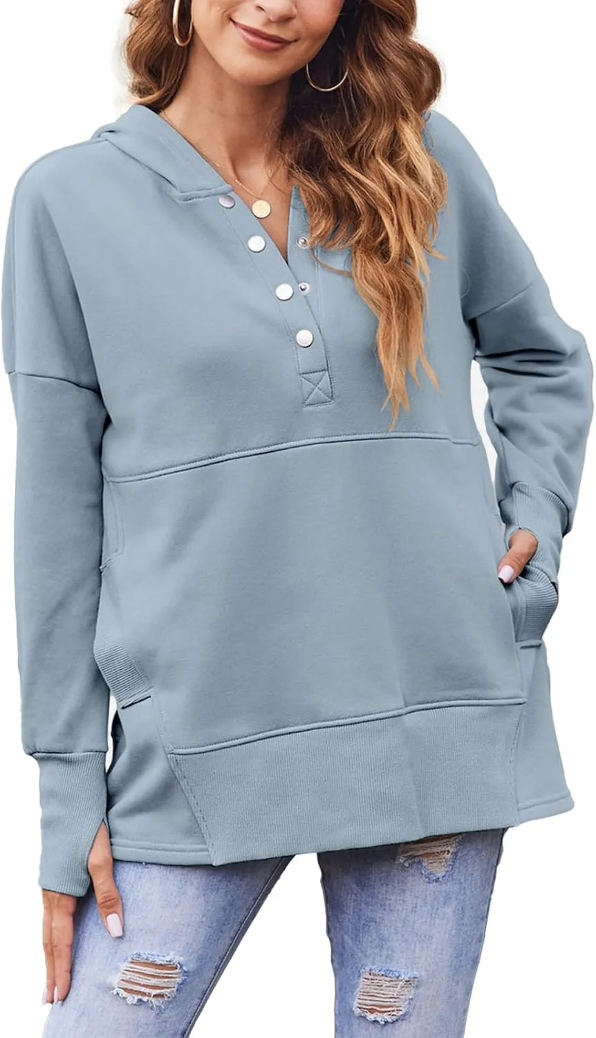 LaLaLa Women Button Down V Neck Hoodies Casual Long Sleeve Oversized Pullover Sweatshirt Hooded Tops with Pockets