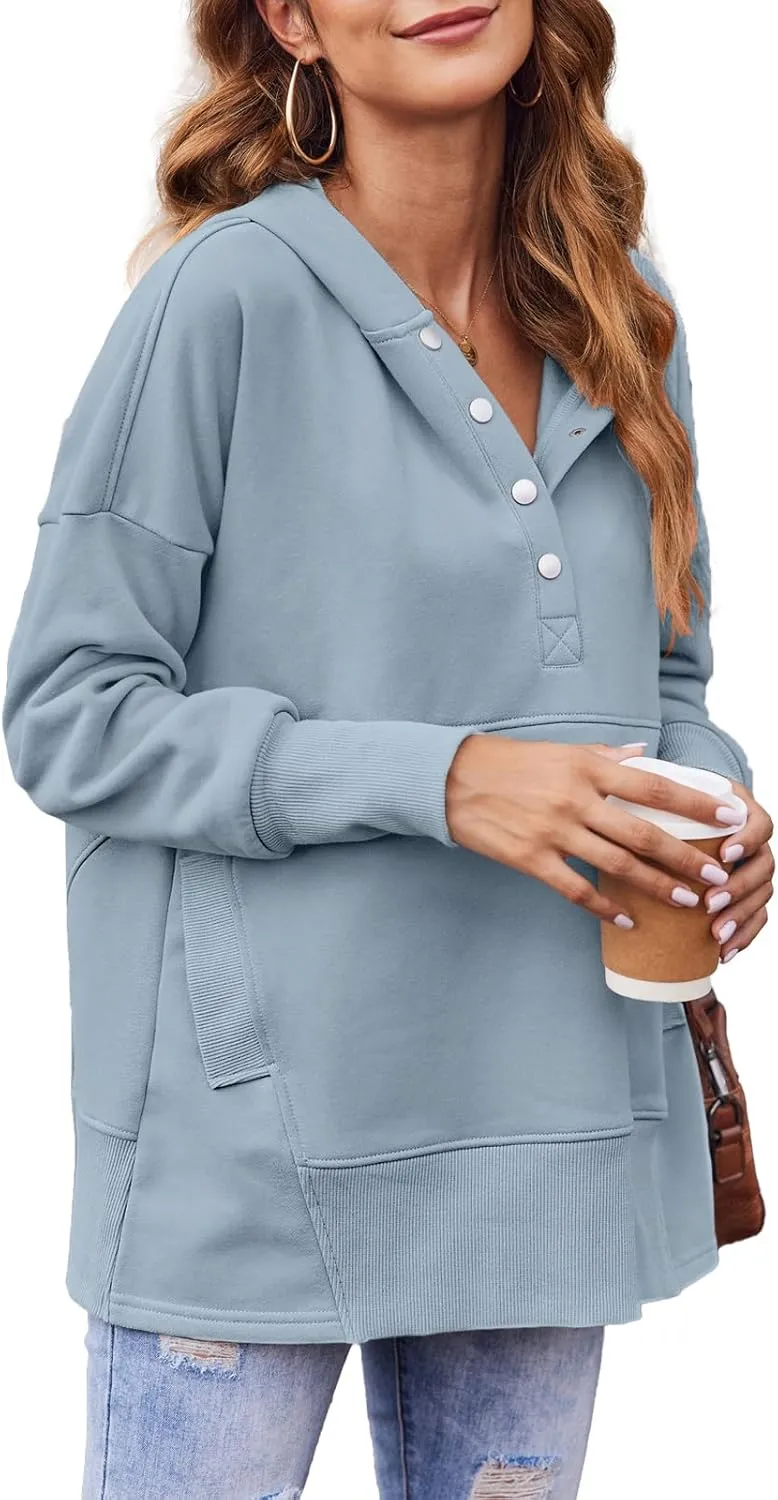 LaLaLa Women Button Down V Neck Hoodies Casual Long Sleeve Oversized Pullover Sweatshirt Hooded Tops with Pockets