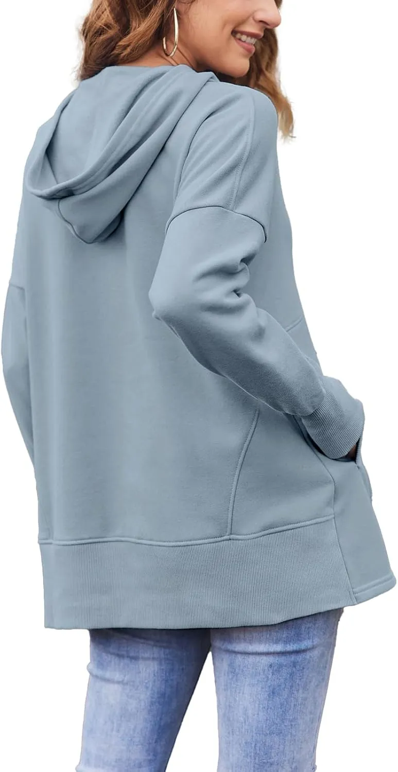 LaLaLa Women Button Down V Neck Hoodies Casual Long Sleeve Oversized Pullover Sweatshirt Hooded Tops with Pockets