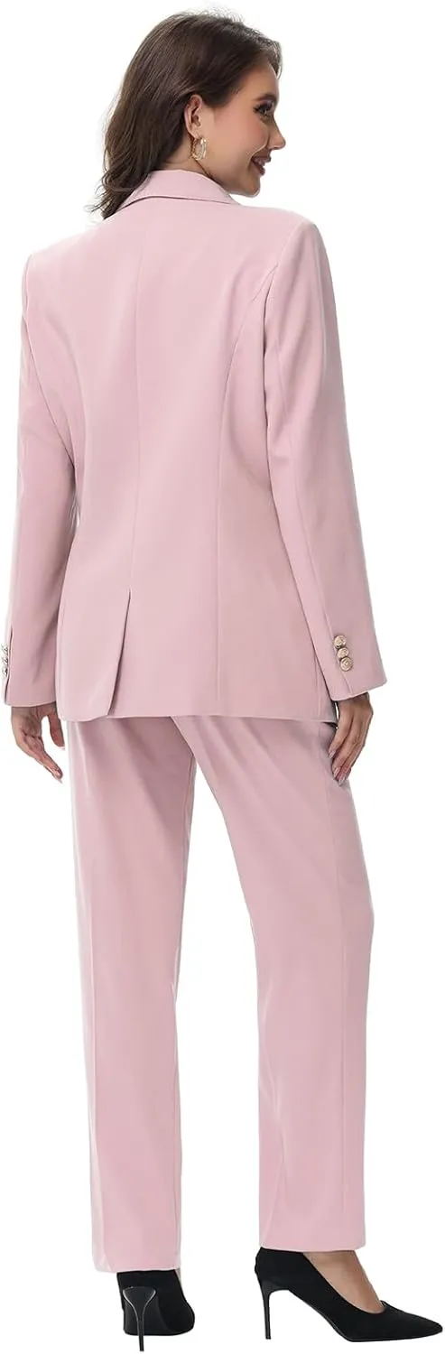 Lamgool Women Pants Suit Double Breasted 2 Piece Blazer Set Work Casual Jacket Outfits for Business