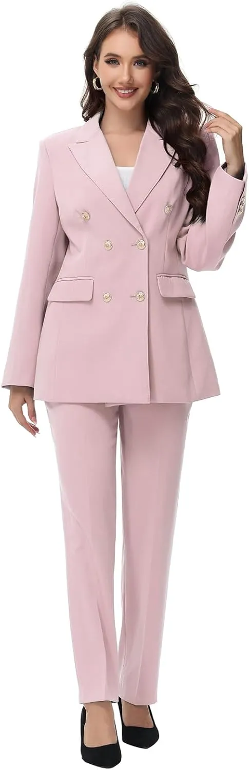 Lamgool Women Pants Suit Double Breasted 2 Piece Blazer Set Work Casual Jacket Outfits for Business