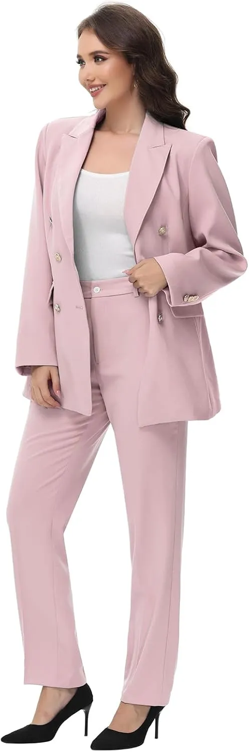 Lamgool Women Pants Suit Double Breasted 2 Piece Blazer Set Work Casual Jacket Outfits for Business