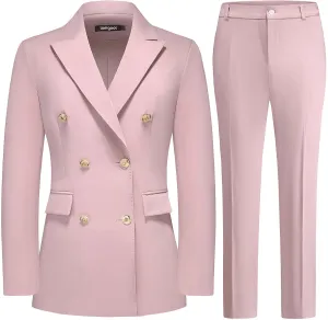 Lamgool Women Pants Suit Double Breasted 2 Piece Blazer Set Work Casual Jacket Outfits for Business