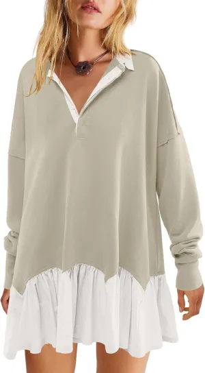 LAMISSCHE Womens Sweatshirt Dress Oversized Long Sleeve V Neck Pullover Tops Flowy Ruffle Patchwork Mini Dress