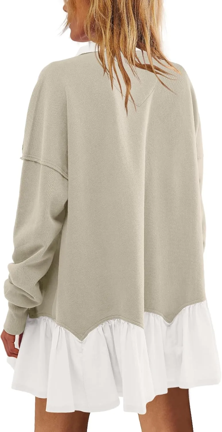 LAMISSCHE Womens Sweatshirt Dress Oversized Long Sleeve V Neck Pullover Tops Flowy Ruffle Patchwork Mini Dress