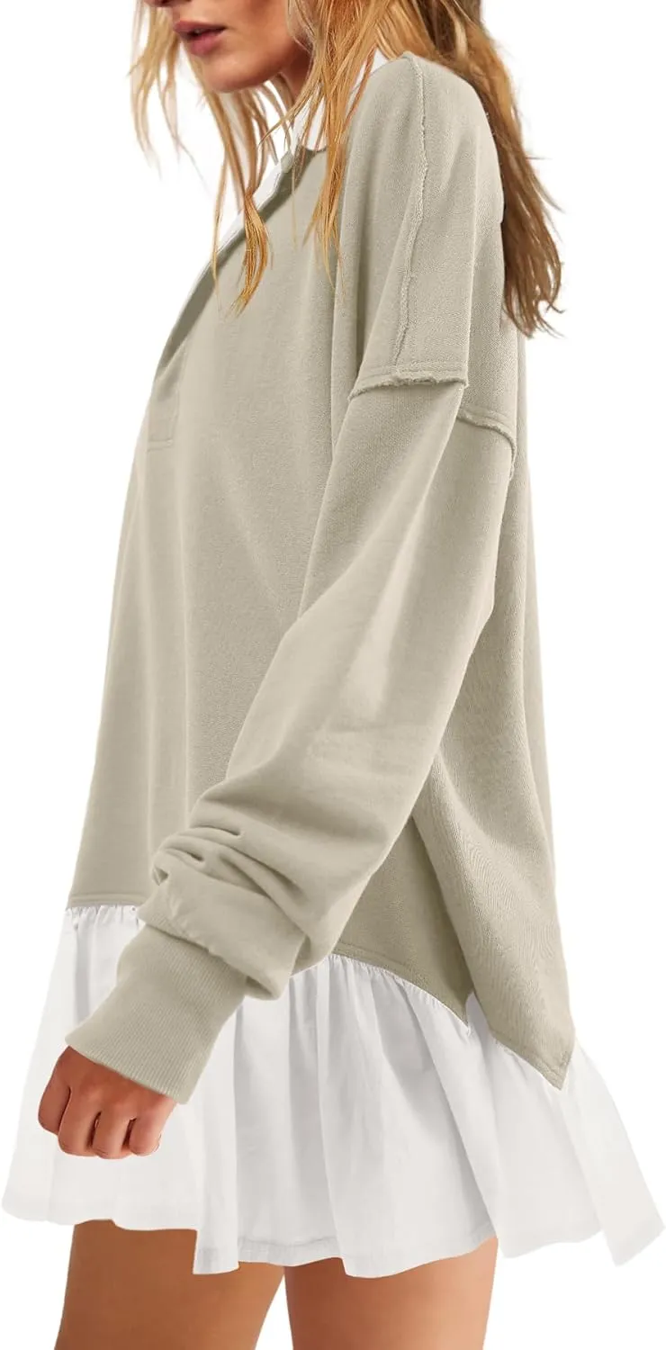 LAMISSCHE Womens Sweatshirt Dress Oversized Long Sleeve V Neck Pullover Tops Flowy Ruffle Patchwork Mini Dress