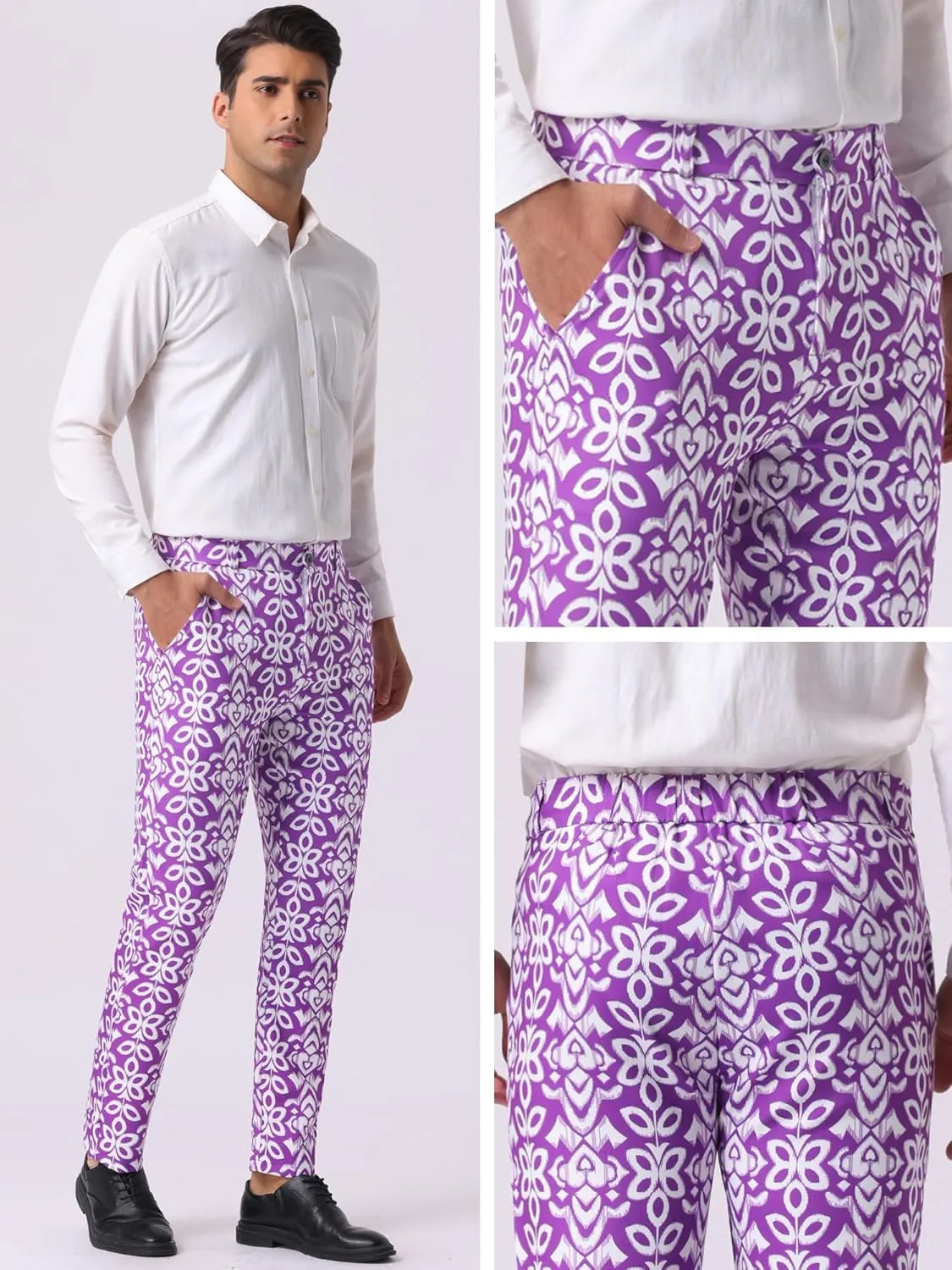 Lars Amadeus Retro Floral Dress Pants for Men's Flat Front Formal Paisley Flower Pattern Trouser