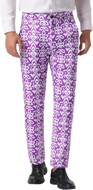 Lars Amadeus Retro Floral Dress Pants for Men's Flat Front Formal Paisley Flower Pattern Trouser