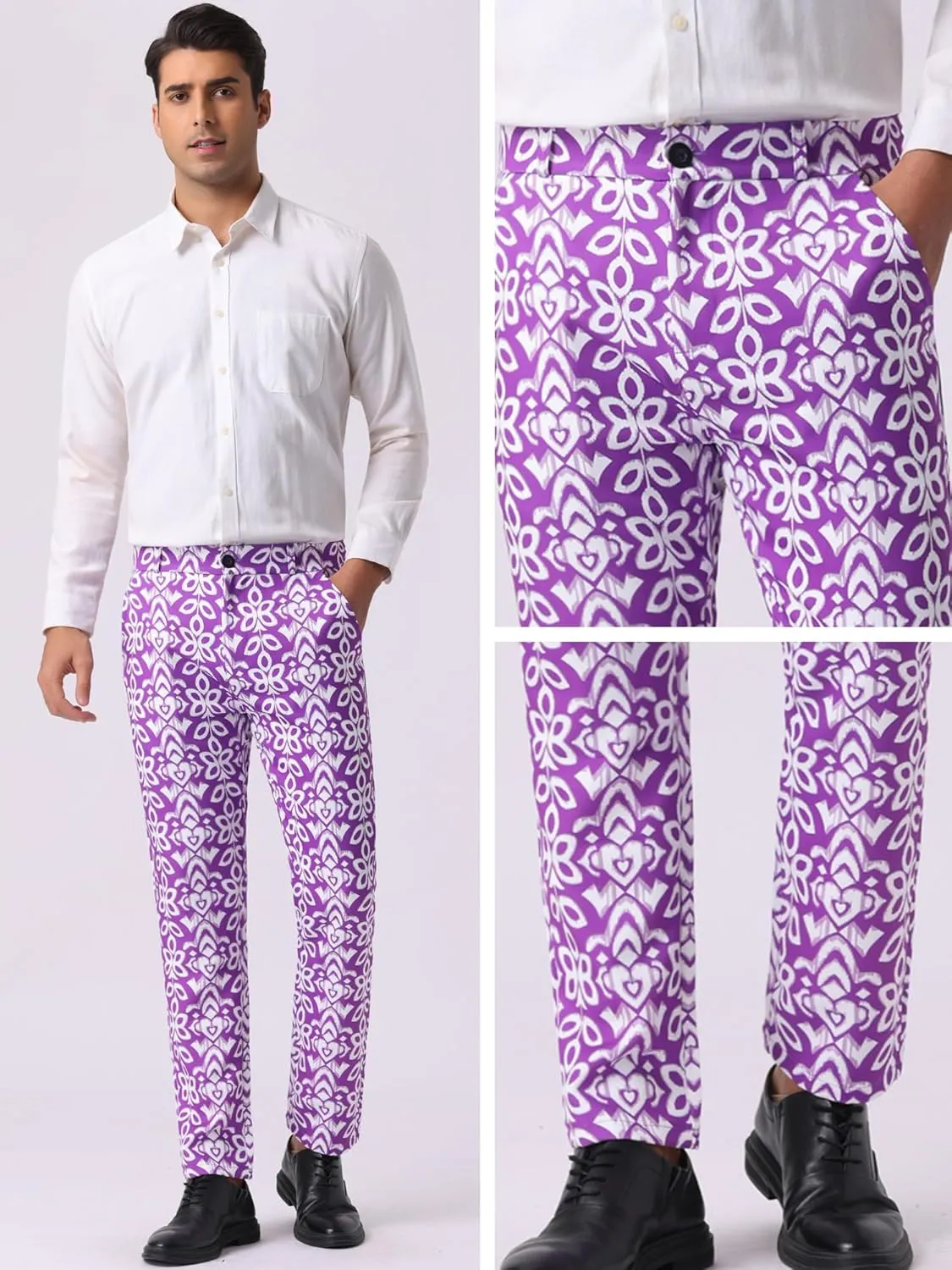 Lars Amadeus Retro Floral Dress Pants for Men's Flat Front Formal Paisley Flower Pattern Trouser